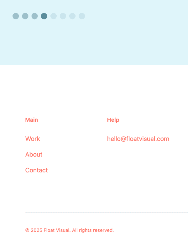 Footer menu of float visual.com with white background and orange text.